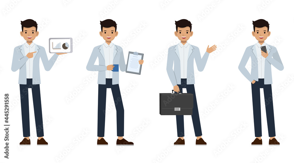 Asian businessman wear blue suit character vector design. Presentation in various action. Asian businessman wear blue suit character vector design. Presentation in various action.
