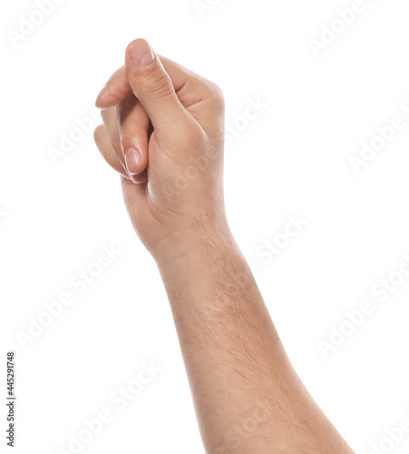 Man holding something on white background, closeup