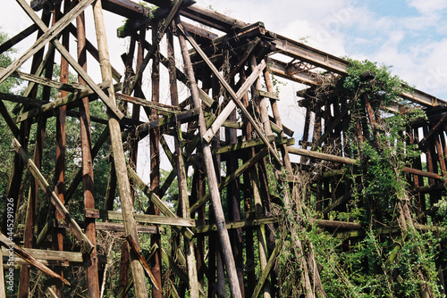 Broken down railroad bridge shot on film, Pentax super program on Kodak gold