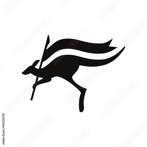 旗を持って飛び跳ねる、ロゴマークのためのカンガルーのシルエットイラスト