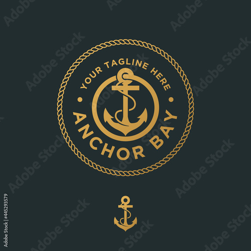 Vector graphic of premium anchor logo emblem, abstract anchor into rope circles in gold color