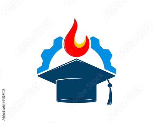 graduation hat with gear and fire on the top