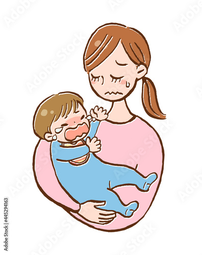 泣く赤ちゃんを抱っこした疲れたお母さんのイラスト