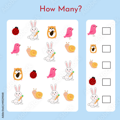 Counting Game For Kids. How many Animal Cartoon Vector.