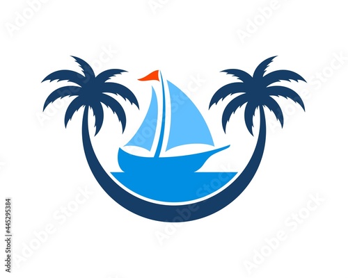 Circular palm tree with sailing boat inside