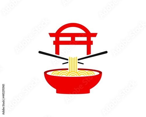 Red bowl with noodle and chinese gate on the top