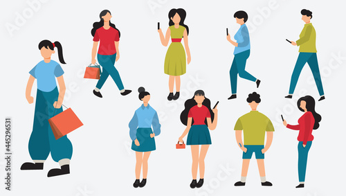 Flat illustration, character people in each lifestyle such as walking with bags, shopping, playing on the phone which is the lifestyle of modern people