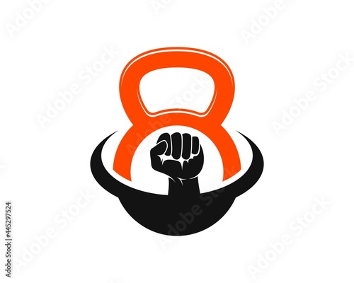 Gym kettle bell with strong hand and swoosh inside