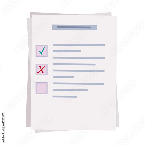 Survey form, paper page or check list. Choose a test, exam, questionnaire or quiz. Question and answer selected and check mark. The result of a survey form, report, schedule, vote. Vector illustration