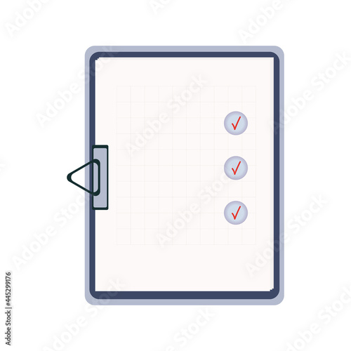 Survey form, paper page or check list on clipboard. Choose a test, exam, questionnaire or quiz. Question and answer selected and check mark. The result of a survey form, schedule. Vector illustration