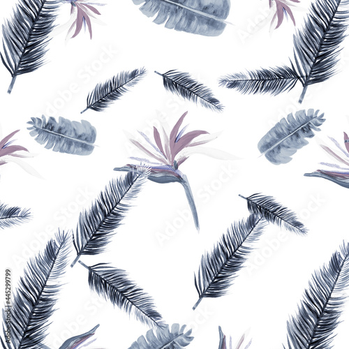 Blue Pattern Leaves. White Tropical Foliage. Indigo Floral Design. Azure Flora Plant. Navy Decoration Design. Gray Wallpaper Leaf. Cobalt Spring Exotic.