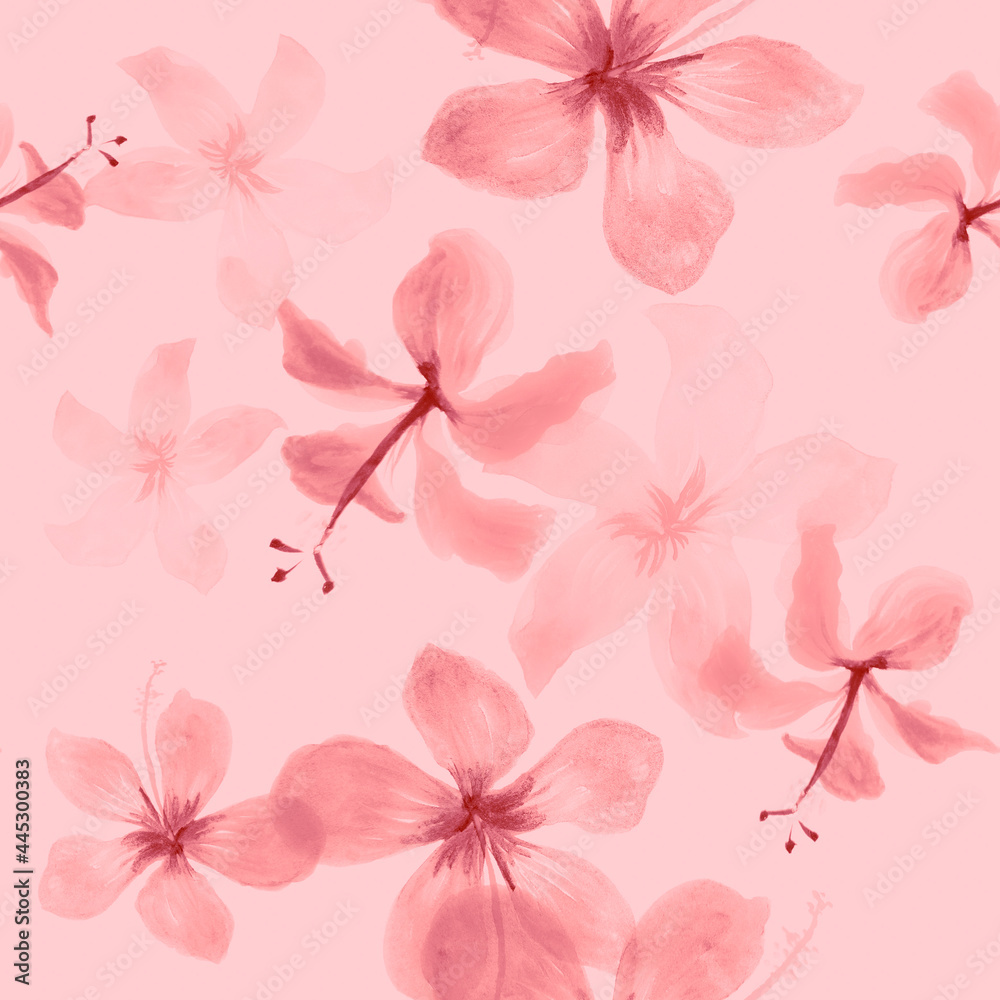 Gray Seamless Botanical. White Pattern Exotic. Pink Tropical Hibiscus. Coral Spring Hibiscus. Flower Textile. Floral Vintage. Flora Foliage. Decoration Leaf.