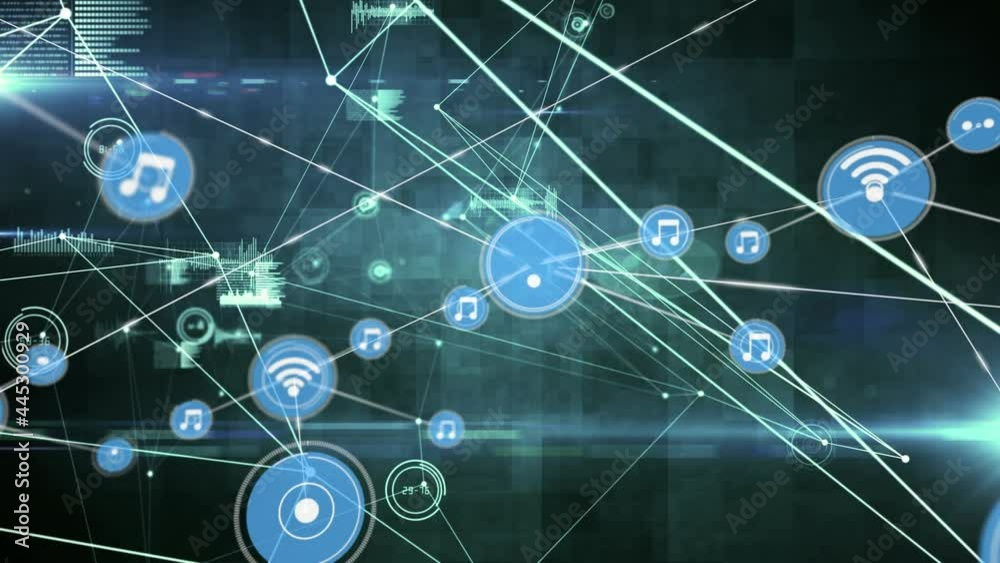 Animation of networks of connections with icons over black background Animation of networks of connections with icons over black background