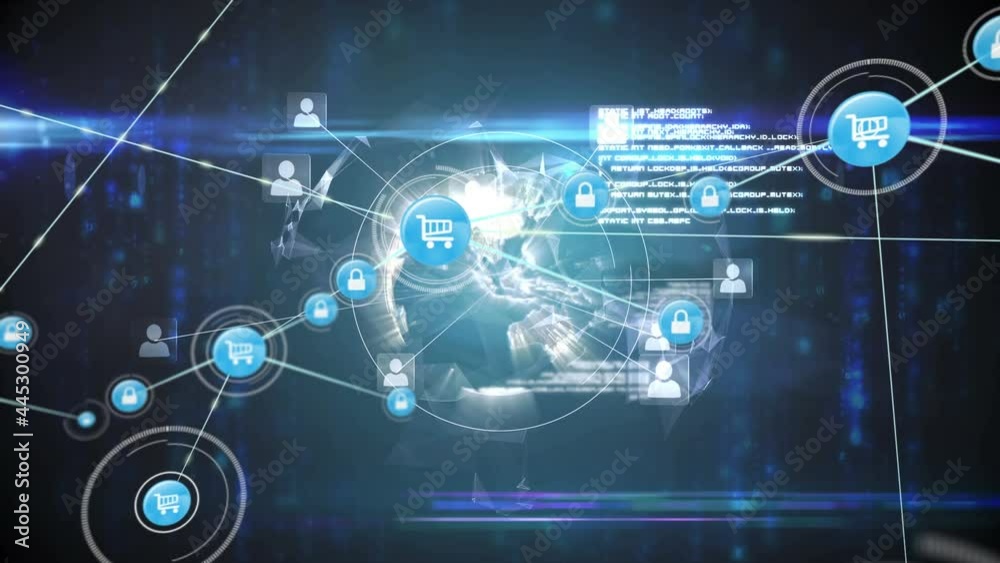 Animation of networks of connections with icons over black background Animation of networks of connections with icons over black background