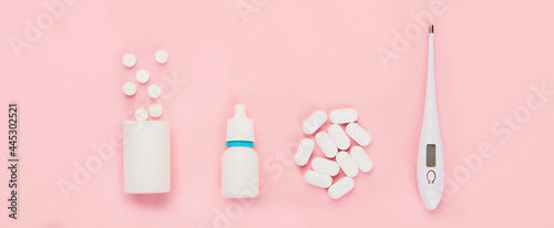 Collection of equipment medicine on pink background. Medical concept.