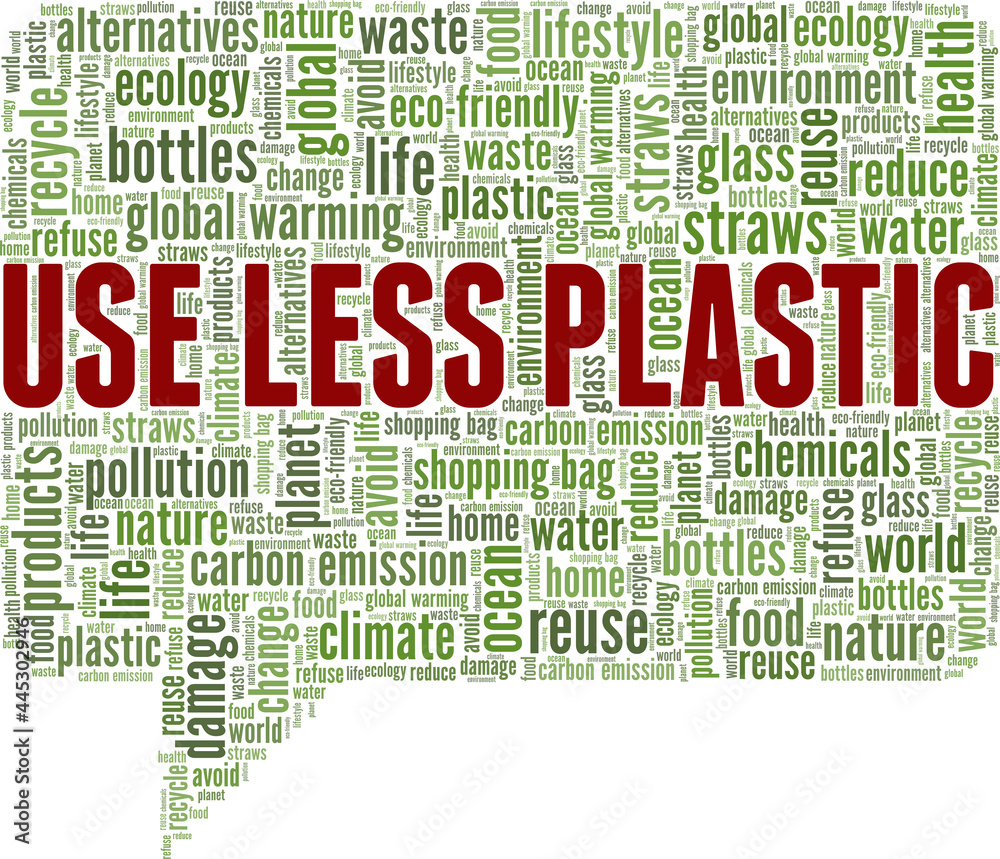 Use Less Plastic vector illustration word cloud isolated on a white background.