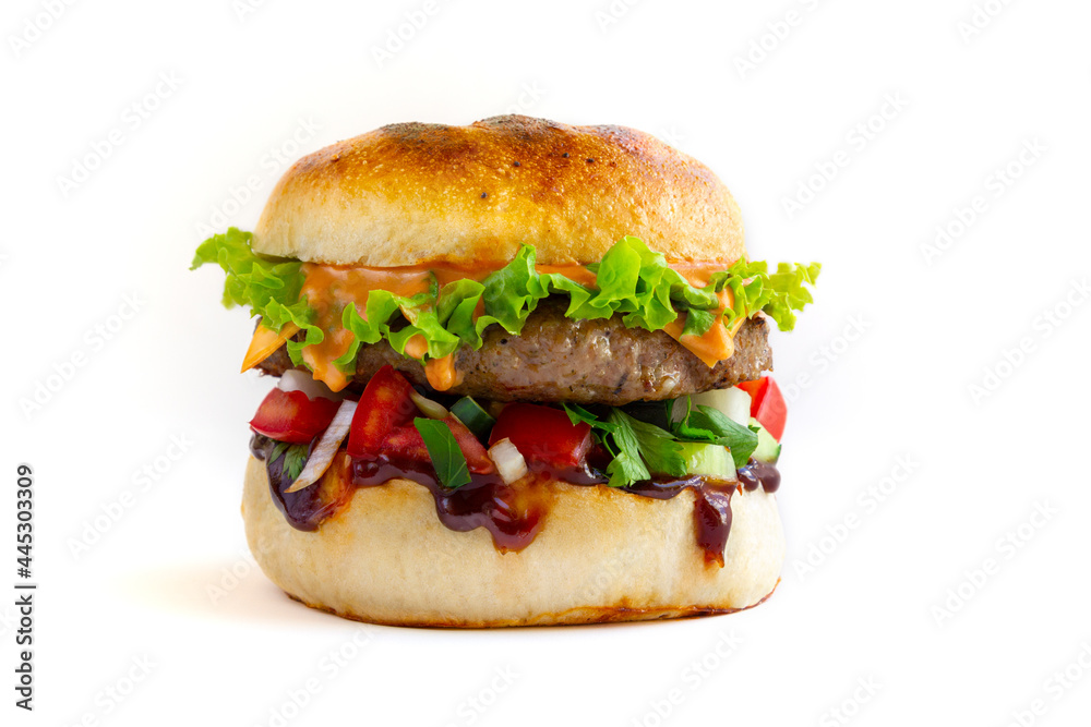 Fresh tasty burger with pork, salad and cheesee, sauces on white background. Fat unhealthy street food. Fresh tasty burger with pork, salad and cheesee, sauces on white background. Fat unhealthy street food.