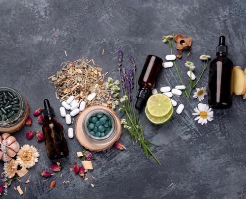 Alternative medicine variation pills and herbs. Homeopathy medicine concept.