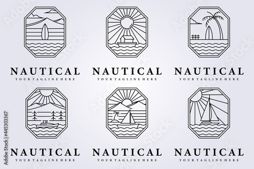 line surf, nautical ocean logo mountain beach tourism vector illustration design sail boat creek river icon symbol