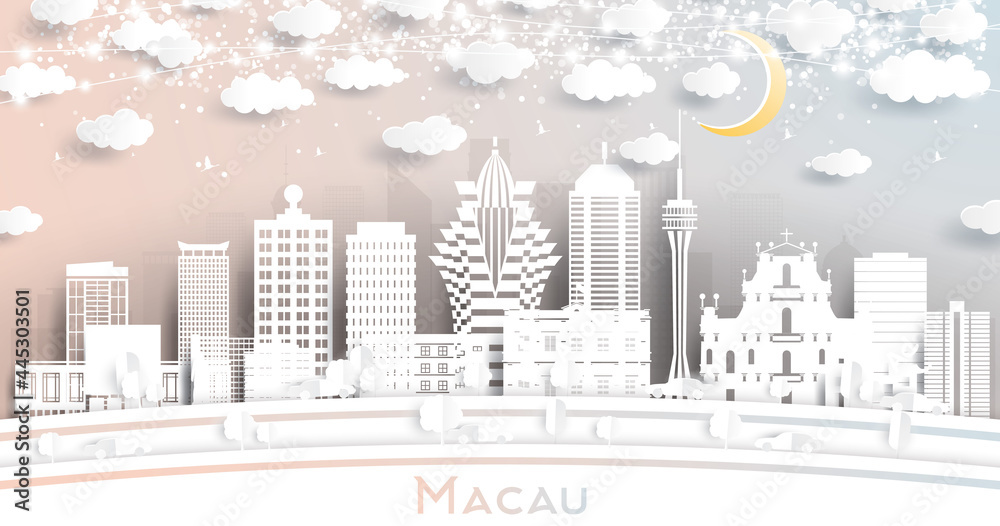 Macau China City Skyline in Paper Cut Style with White Buildings, Moon and Neon Garland.
