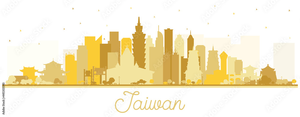 Taiwan City Skyline Silhouette with Golden Buildings Isolated on White.