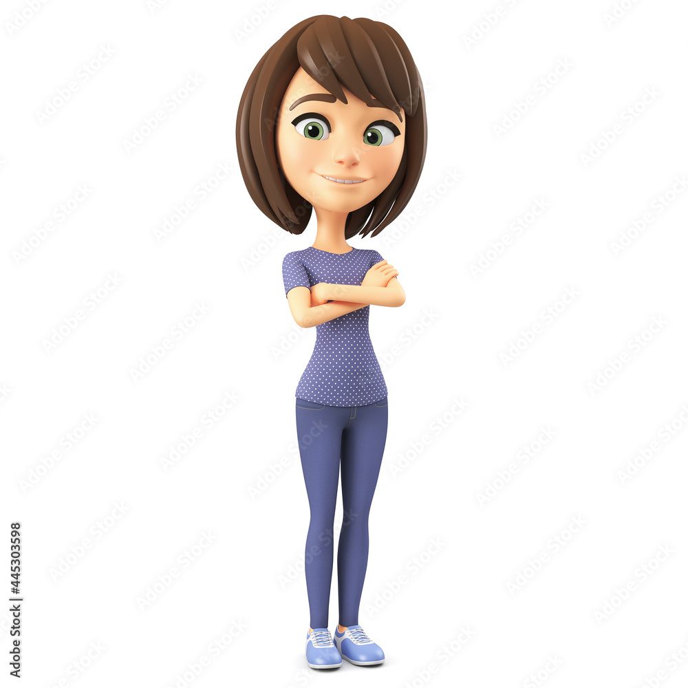 Cartoon character cheerful girl in a blue blouse with her hands on her chest. 3d render illustration. Cartoon character cheerful girl in a blue blouse with her hands on her chest. 3d render illustration.