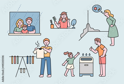 People showing various problems in the house on a rainy day. outline simple vector illustration.