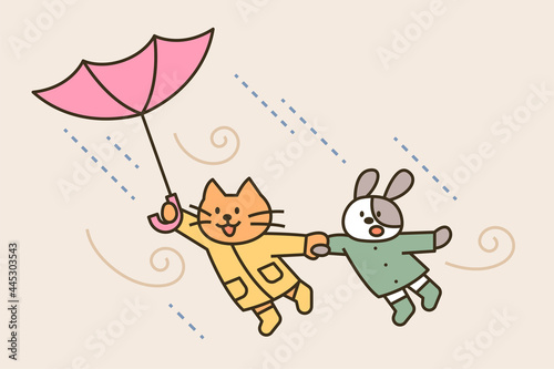 Cute cat and dog holding hands and flying in a typhoon. Cute animal characters. Outline simple vector illustration.