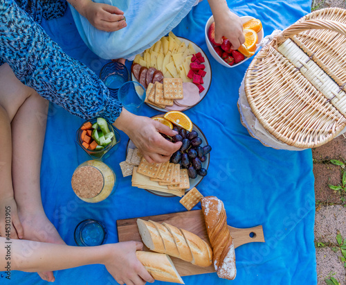 Family outdoor picnic. Mom and the children are eating lunch in nature. Wellness concept. Flat lay
