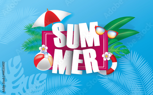 Summer Holiday Illustration with Typography Letter on Blue Background. Summer Vector Design for Banner, Flyer, Invitation, Brochure