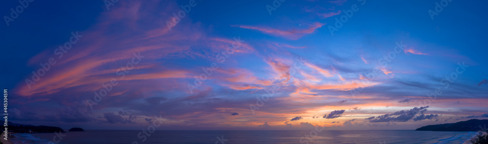 ..aerial panorama view reflection of sweet cloud on the wet sand beach. .Sea waves seamless loop on the wet Phuket sand beach. .Gradient color. Sky texture, abstract nature background