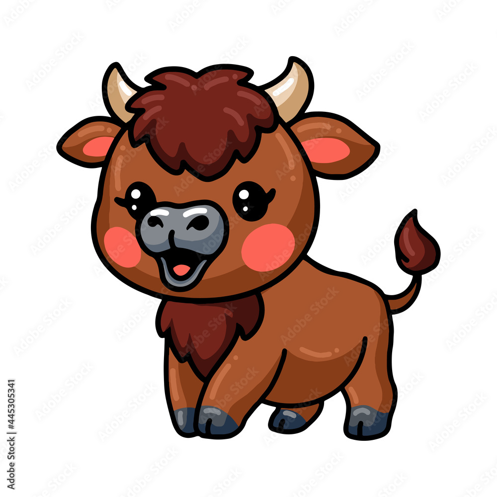 Cute baby bison cartoon posing