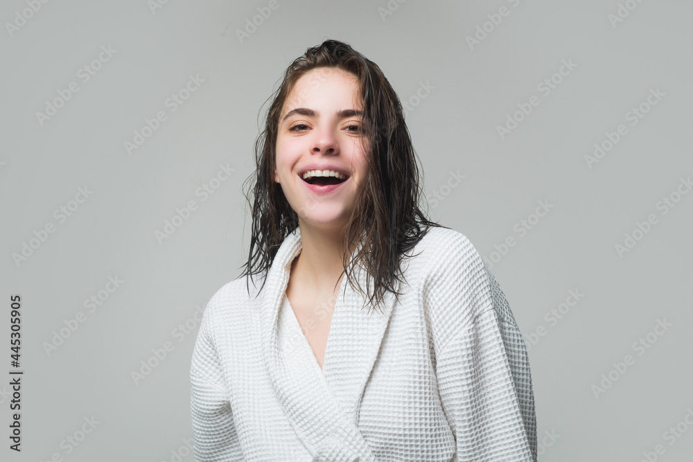 Obraz premium Young women enjoy morning. Beautiful happy girl model with natural makeup.
