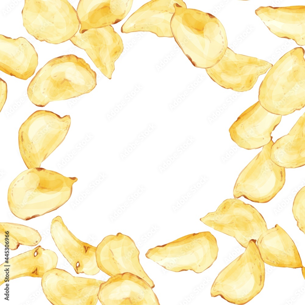 Naklejka premium 手描き水彩のポテトチップスの囲み正方形フレーム
