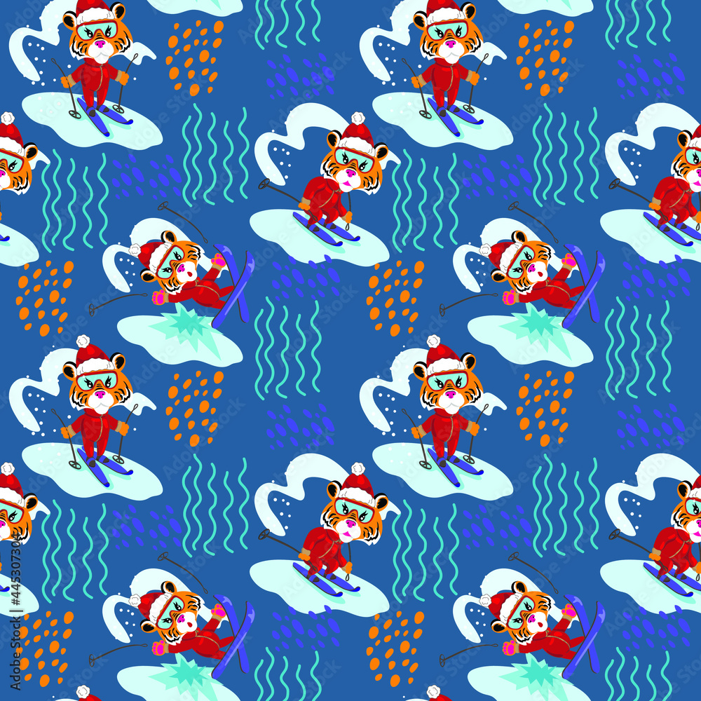 Naklejka premium Stylish hand drawn seamless pattern with tiger symbol of the new year. Cute tigers skiing on a blue background. Pattern on textiles, t-shirts, fabric. Cute baby Flat vector stock illustration