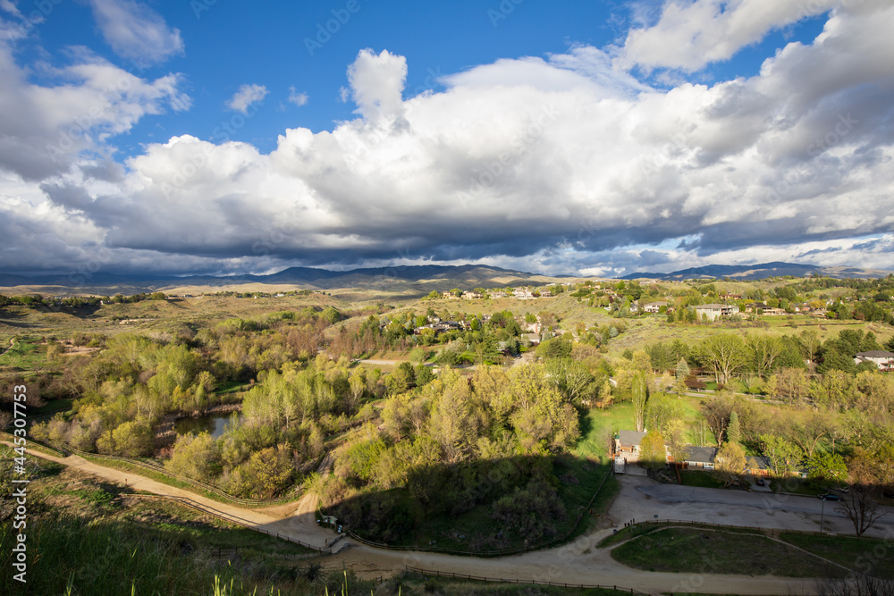Boise Idaho neighborhood skyline during Summer. View from Camels Back Park.