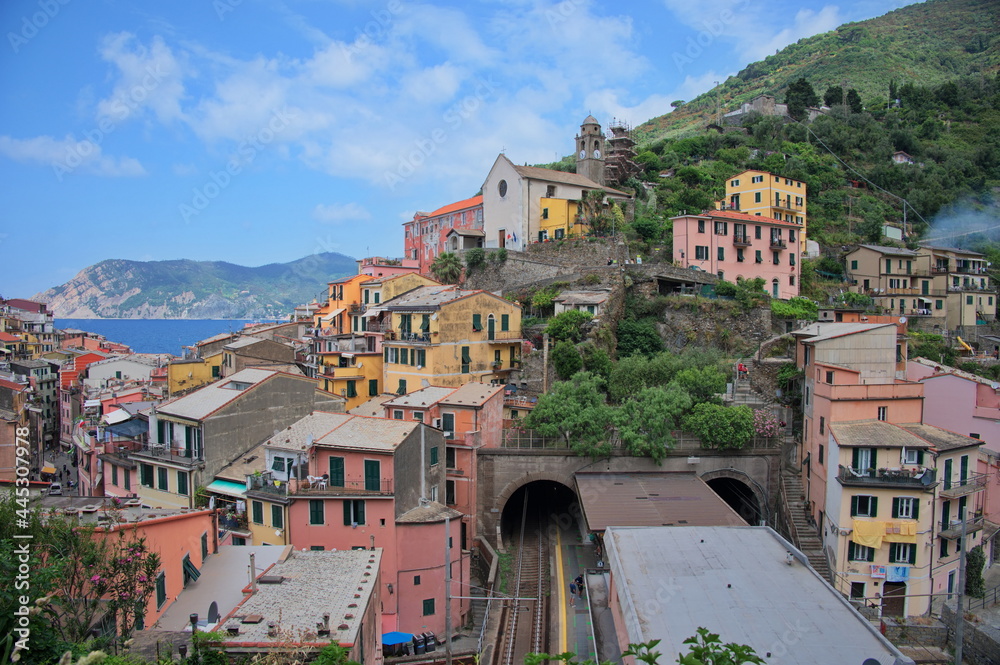 High angle view of scenic Mediterranean town - Cinque Terre, Corniglia, Italy