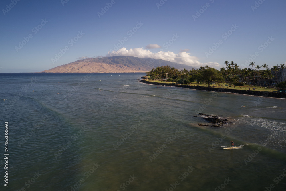 A high definition aerial view of the beach in Kihei Hawaii.
