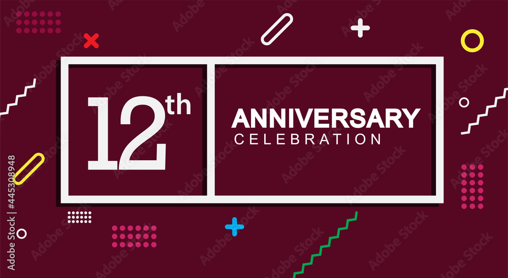 12th years anniversary celebration white square style isolated on dark purple with colorful memphis pattern background, design for anniversary celebration. 12th years anniversary celebration white square style isolated on dark purple with colorful memphis pattern background, design for anniversary celebration.