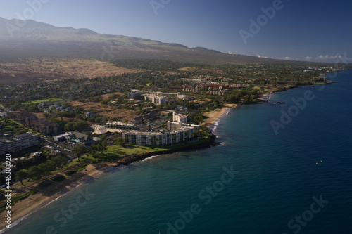 A high definition aerial view of the beach in Kihei Hawaii. 
