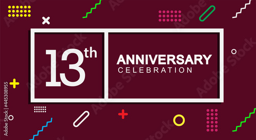 13th years anniversary celebration white square style isolated on dark purple with colorful memphis pattern background, design for anniversary celebration.