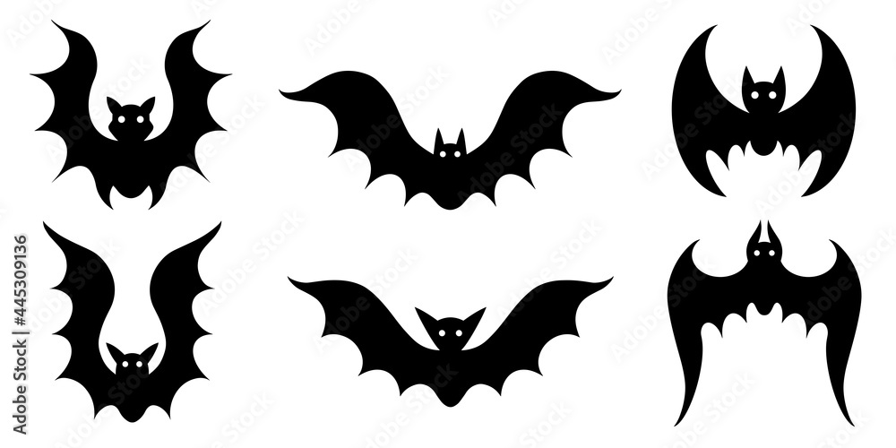 Vector set of bats. Isolated icons on a white background. Black