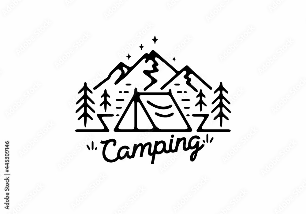 Black line art illustration of camping tent and mountain Black line art illustration of camping tent and mountain