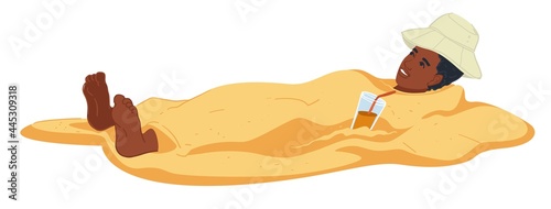 Man buried in sand, summer vacation fun and rest