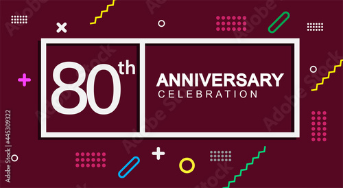 80th years anniversary celebration white square style isolated on dark purple with colorful memphis pattern background, design for anniversary celebration.