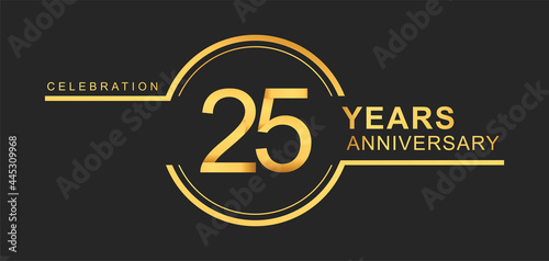 25th years anniversary golden and silver color with circle ring isolated on black background for anniversary celebration event