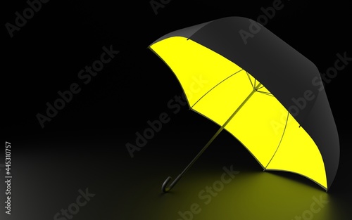 Black umbrella with yellow glow on a dark background. 3d illustration. Place for text
