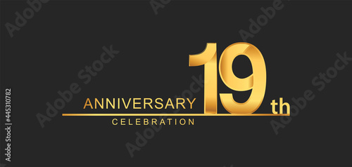 19th years anniversary celebration with elegant golden color isolated on black background, design for anniversary celebration.