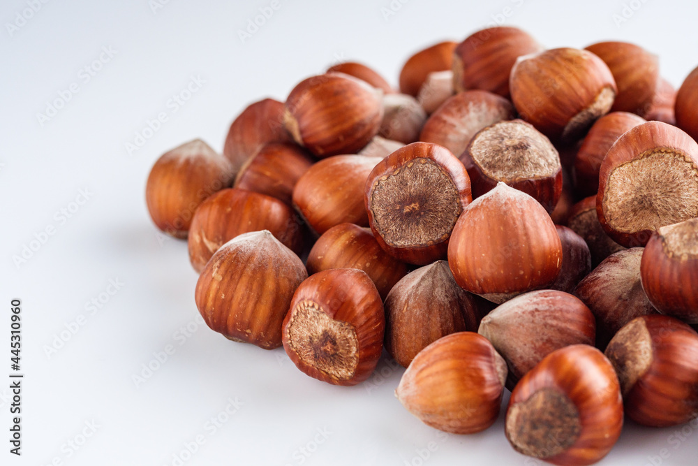 fresh natural hazelnuts on a white acrylic background fresh natural hazelnuts on a white acrylic background