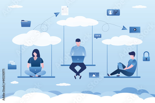Cloud computing, remote work on company, cloud infrastructure. DIgital technology to connect business people. Office employees working with smart gadgets on swing.